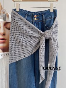CAIENGE | Hollow-out Knit Skirt Half-length