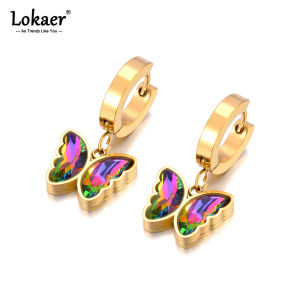 Lokaer Shiny Cubic Zirconia 316L Stainless Steel Butterfly Heart Hoop Earrings Exquisite High Quality Fashion Jewelry E24115