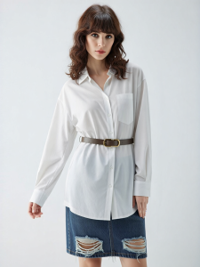 Elle | Commuter Style White Long Sleeve Blouse with Turn-Down Collar