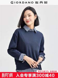 Giordano Double-sided Fabric Sweatshirt Womens Casual round Neck Button Split Hem Long Sleeve Street Style Comfortable Top