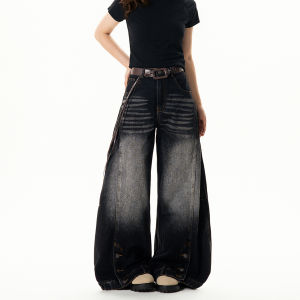 American Style Vintage Washed Knife Edge Wide Leg Jeans Womens Loose Fit Slimming High Waist Denim Pants Street Style