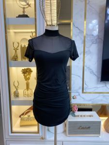 ชุดเดรสมินิ งานแต่งซีทรู คอปีน สีดำแขนสั้น