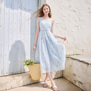 XIANGYING | Blue French Style Strap Embroidered Waist A-Line Dress