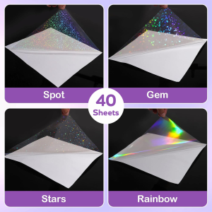 40 Sheets A4 Clear Holographic Cold Lamination Film 8.3×11.7" Self-Adhesive Film 4 Styles Mixed: Diamond Rainbow Stars Dots