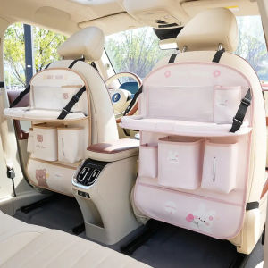 Leather Deluxe Car Seat Back Organizer-Multi-Function Storage Foldable Dining Table TrayAnti-Kick PadDecorative Car Accessory