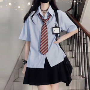 JK Uniform Suit in Blue Shirt Womens Summer Short Sleeve Japanese College Style Junior High School Students Graduation Business Attire Tops