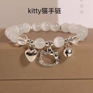 KT Cat Heart Bell Bracelet Womens Beaded Best Friend Bracelet Gift for Girlfriend Student Fashion Jewelry Accessories