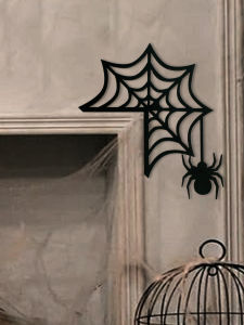 Gothic Halloween Door Corner Decor Spider Web & Spider Design Wall Sculpture Black Frame Wooden Hanging Ornaments for Home Party