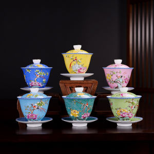 Porcelain Hand-painted Gilded and Enamel Painted Tea Set Three Talents Lidded Bowl