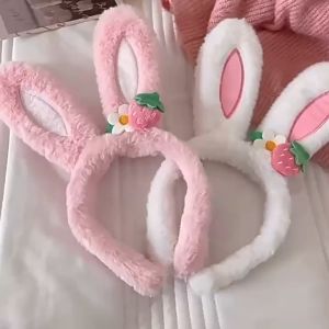 Cài tóc bờm tóc tai thỏ dài kèm hoa dâu dễ thương cho nữ