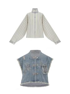 New Chinese Style Three-Piece Set Womens Spring Autumn Denim Vest Striped Shirt Half Skirt Fashionable Traditional Ensemble