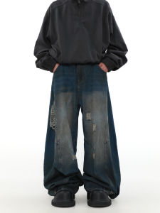 MRNEARLY อเมริกัน Retro ทําลายการออกแบบกางเกงยีนส์ตรงสําหรับชาย High-End หลวมกางเกงขากว้าง