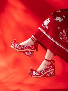 Red Wedding Shoes Womens Pearl Strap High Heels Original Chinese Style Show Heel Shoes Improved Tang Style Hanfu Shoes
