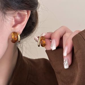 Amber Metal C-Shaped Double Layer Womens Earrings Vintage Unique Fashion Jewelry Hoops Fresh out Handmade Geometric Ear Studs