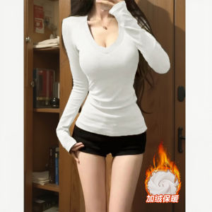Slim Fit Long Sleeve V-Neck T-Shirt Womens Autumn Bodycon Top Pure Desire Spicy Girl Shoulder Appropriate Base Shirt Top