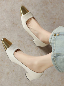 Fancy Retro Small Gold Toe Chunky Heel Low-Cut Shoes 2024 Spring New Arrival French Style Skirt Mid Heel High Heels