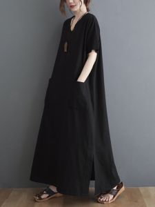 Cotton Linen Summer Dress for Plus Size Women Loose Fit Slimming Style V-Neck Short Sleeve Long Dress A-Line Skirt