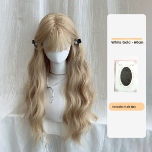 Champagne Tea Long Curl Wig Womens New Style Big Wave Full Head Covering Hairpiece Sweet Style Face Shaping 62cm Length