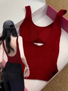 เสื้อกั๊กสายเดี่ยวสีแดง ทรงเข้ารูป สำหรับผู้หญิง ฤดูร้อน 2025 คอกลม แขนกุด ทรงเข้ารูป ปกโปโล ปกโปโล ใส่ด้านนอก