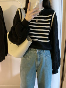 French Stripe Pattern Knitted Sweater Women Early Spring Youthful Beautiful Fashionable Sweet Bubble Sleeve Top Ensemble