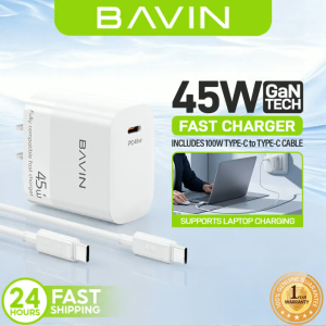BAVIN PC2205 45W GaN PD Fast Charging Charger USB-C Adapter+1m 100W Data Cable for Laptop iP17 Series Android Devices