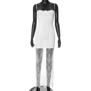 ชุดเดรสยาวผ้าลูกไม้สไตล์ยุโรปฤดูร้อน 2024 สีพื้น แขนกุด กระโปรงทรงเอ เดรสยาวปานกลางสำหรับผู้หญิง