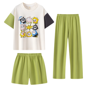 Miiow | Pure Cotton Short Sleeve Childrens Sleepwear Set Cartoon Boy Home Clothes Three-Piece Suit For Boys Ages 4-13 Breathable Comfortable