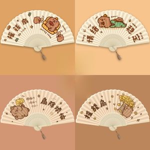 Portable Folding Bamboo Fan Cute Female Style Mini Fan Childrens Fan Money Tree Capibara Folding Fan Traditional Chinese Style