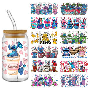 New 24 Styles 16oz 3D UV DTF Disney Stitch Coffee Cup Wholesale Stickers Wrap Glass Can Mugs Decals Transfer Britihday Gift