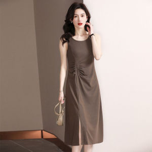 Summer New Womens Sleeveless Slim Fit Vest Dress Gored A-Line Midi Skirt Elegant Slit High Waist Pleated Long Gown