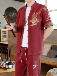 Casual Cotton Linen Set Men Summer New Style Short Sleeve Shirt Whole Outfit Chinese Style Fashion Urban Youth Daily Wear