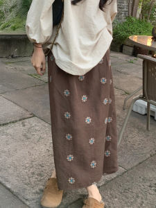 Khaki Floral Print Linen A-Line Skirt Womens High Waist Hip Concealing Slimming Midi Skirt New Autumn plus Size Fashion