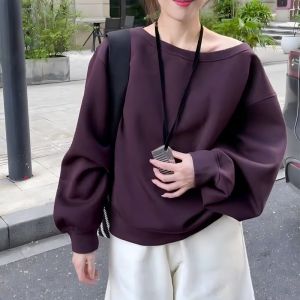 UYFY | Áo nỉ dài tay màu tím thời trang nữ dáng rộng thoải mái thường ngày mùa thu phong cách Hàn Quốc đa năng áo len cổ tròn dài vừa phải