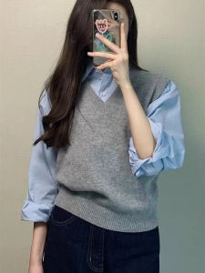 Gray V-Neck Knitted Sweater Vest Womens Loose Solid Color Tank Top Spring Autumn Layering Sleeveless Shoulder Pad