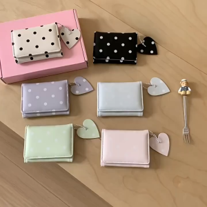 Cute Polka Dot Wallet Women PU Leather Short Foldable Card Holder Coin Purse Heart Pendant Large Capacity Button Girls