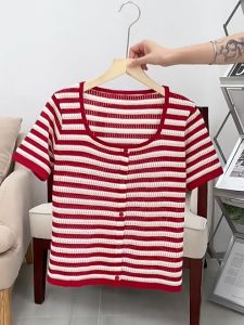 Large size ice silk short-sleeved T-shirt for women in summer fat mm slimming loose striped knit sweater short square collar straight shoulder top F1141
