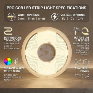 DC5V/12V/24V Ultra Thin COB LED Strip 320/400LEDs/M 3/5/8mm High Density Dimmable Flexible Tape for DIY Home Bedroom Party Decor