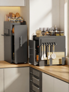YIXUAN | Pull Out Dustproof Spice Rack for Kitchen Countertop Narrow Edge Storage Organizer with Hooks for Utensils and Cutting Board Multi Tier Condiment Rack for Small Kitchens