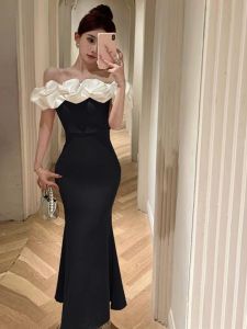 ชุดราตรีทรงเข้ารูปสีดำ ไหล่เดียว กระโปรงหางปลา ชุดแต่งงาน ชุดกันเหล้า ชุดนางฟ้า ชุดราตรีสุดหรู ฤดูร้อน 2024 ผ้าโพลีเอสเตอร์