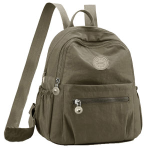 Neutral color backpack for men and women made of nylon material suitable for travel and study. It has multiple pockets.