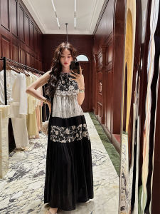 Sanji Black Flower New Chinese Style Color Collision Dress 2025 New Arrival Simple Loose Waist Rylee Fiber Vest Dress