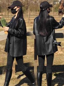 WANGGONGZHU | Loose Casual Black PU Leather Jacket Womens Korean Style 2025 New Small Western Style Fashionable Motorcycle Jacket Top