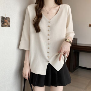 Plus Size Womens Clothing for Fat Girls Recommend ~ Elegant V-neck Single Breasted Loose Slim Fit Knitwear T-shirt Womens Summer