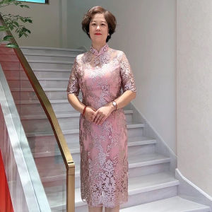 Handmade Lace Cheongsam Elegant Red Midi Dress for Wedding Banquet High Slit Composite Fabric Chinese Style Womens Special Costume