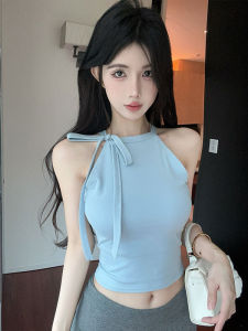 GUZILIAN | Elegant French Style Short Sleeveless Top With Bow Tie Neck Ribbon Versatile Summer Fashion For Young Women Under 25 Years Old