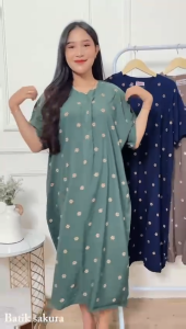 Daster Jumbo LD 140 Manohara Motif Printing Batik Sakura Pekalongan Baju Dress Piyama Panjang Wanita Busui Friendly Bumil Putri Tidur Cantik