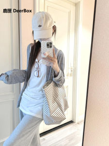 DeerBox Striped Canvas Tote Bag Womens Large Capacity Shoulder Bag Commuter Bag Casual Shopping Bag Pure E-commerce Sales