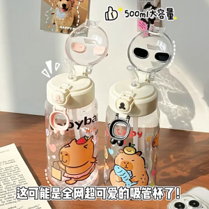 500ml Kids Cartoon Capybara Bottle Kids Large-capacity Portable Anti-leakproof Straw Bpa Free Botol Water Bottle 卡皮巴拉水杯
