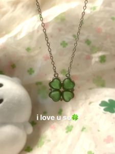 Lucky Four Leaf Clover Long Necklace Womens Style Decorative Student Party Fashion Jewelry Green Color Alloy Material