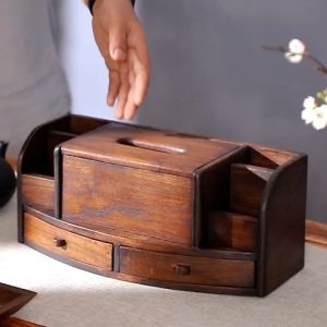 กล่องกระดาษทิชชูมัลติฟังก์ชั่ไม้เนื้อแข็งกล่องดึงกระดาษสำหรับใช้ในครัวเรือนสไตล์จีนสมัยใหม่ดึงกล่องกระดาษสร้างสรรค์การควบคุมระยะไกลกล่องเก็บไม้จิ้มฟัน